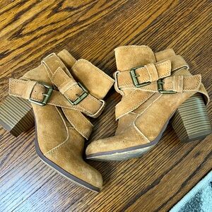 Size 6 brown ankle booties with buckle design and wooden heel